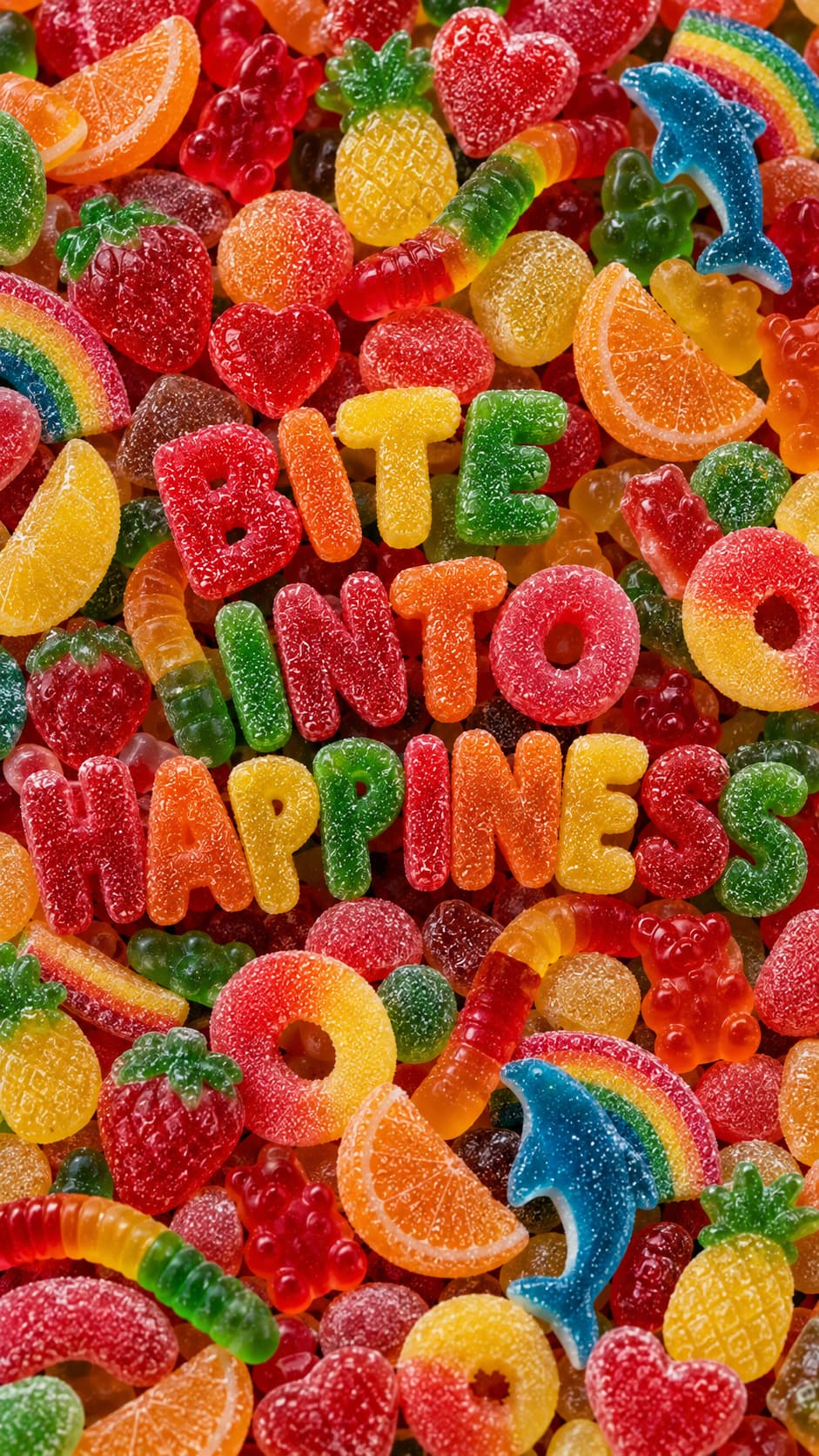 Colorful fruit candy arranged with bite-sized happiness lettering