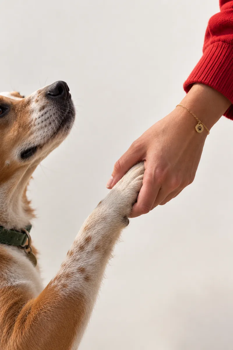 Dog paw resting in a hand with a paw-print charm bracelet