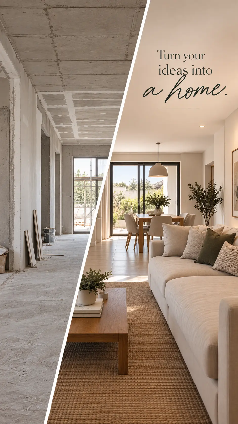 Unfinished room transitioning into a completed warm interior