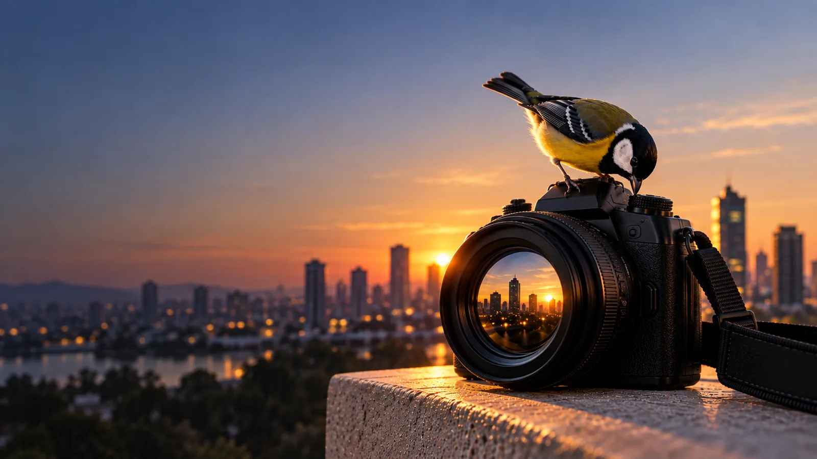 Finch perched on a black camera at sunset with a city skyline behind it