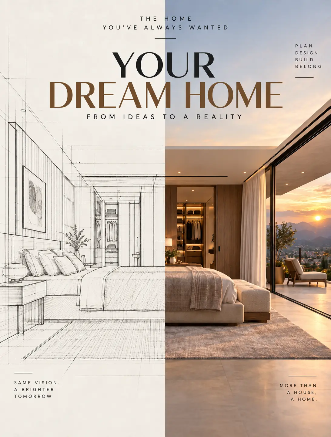Architectural sketch transitioning into a finished modern bedroom