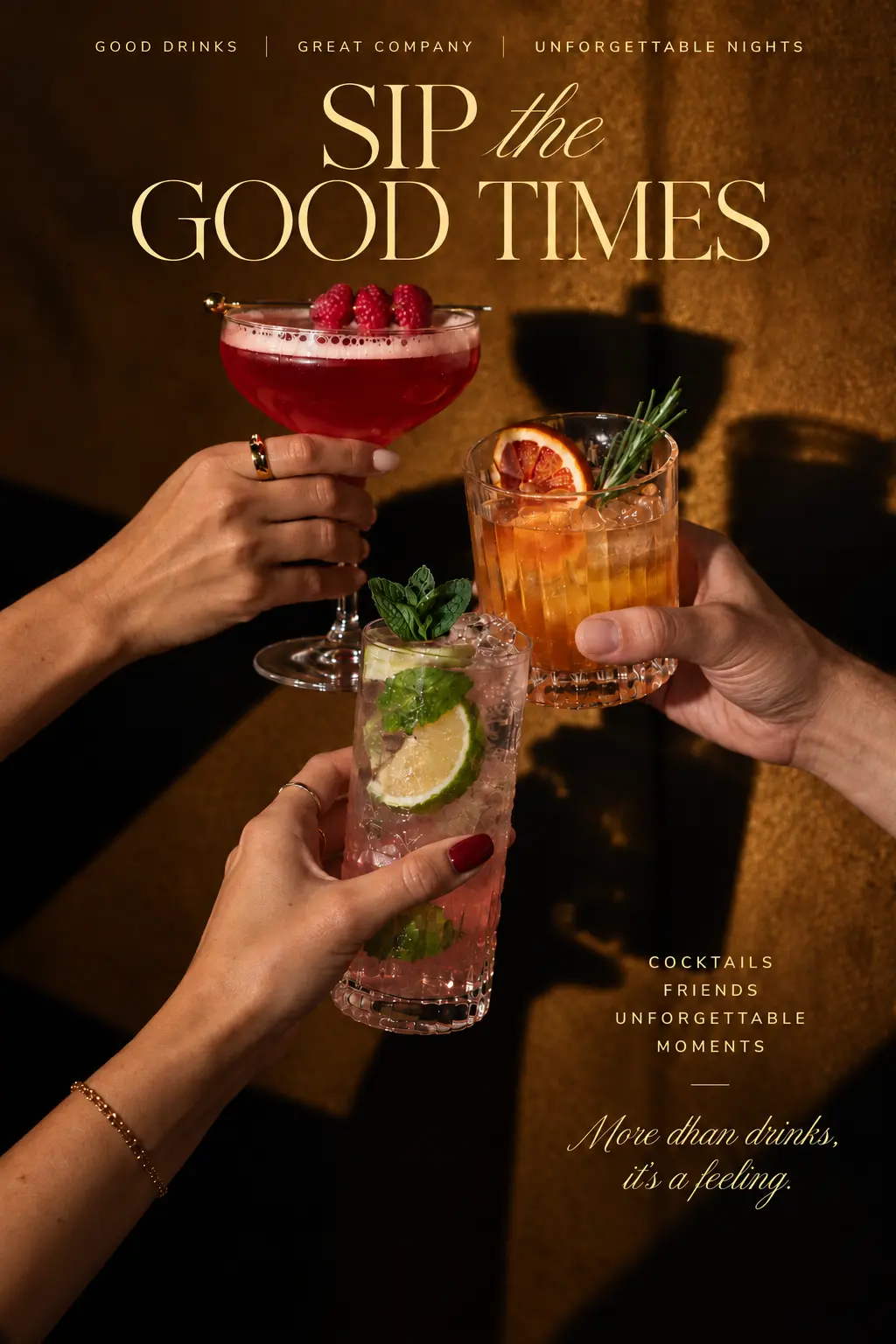 Three friends raising colorful cocktails in warm evening light