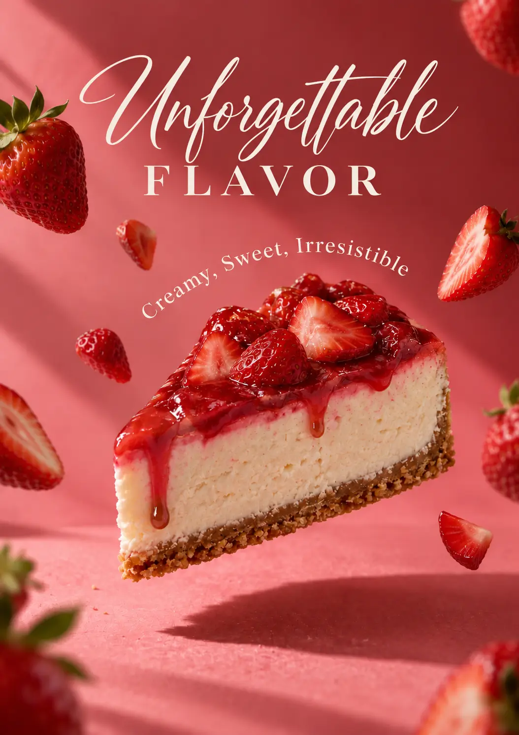 Strawberry cheesecake creative with floating berries