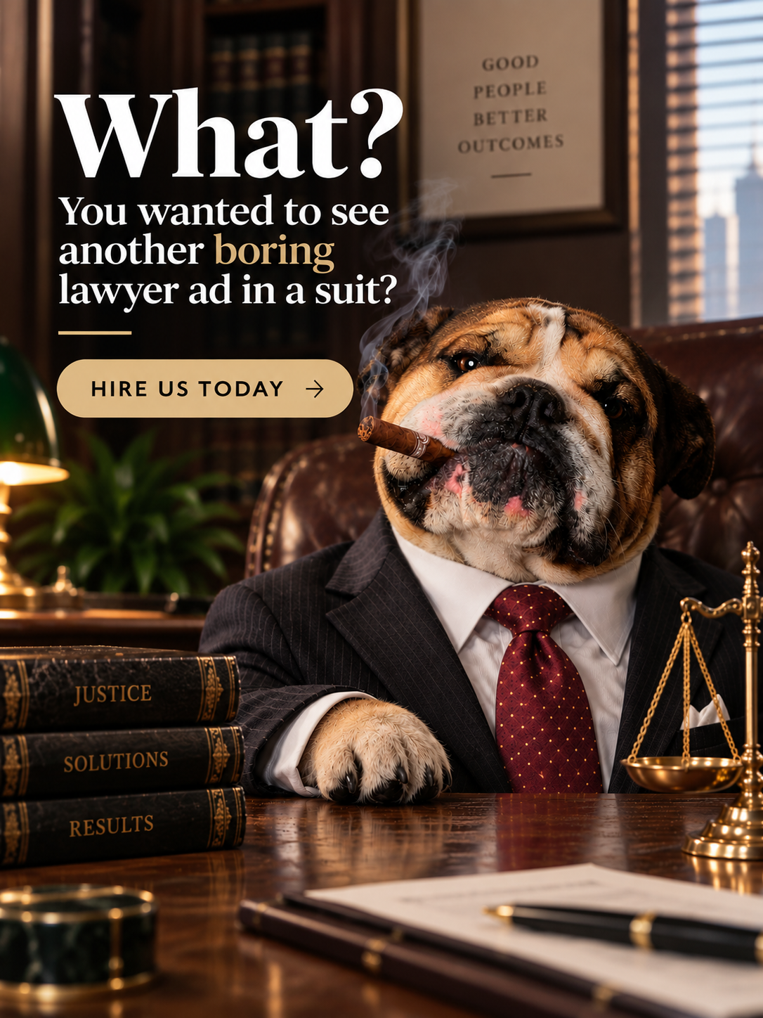 Bulldog lawyer in a pinstripe suit with a cigar behind an office desk