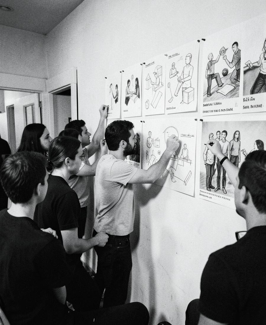 Creative team pinning storyboards on a studio wall