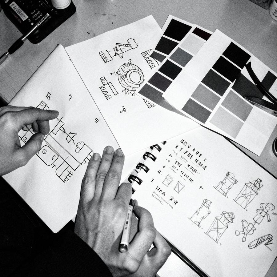 Hands arranging design prints and typographic sketches